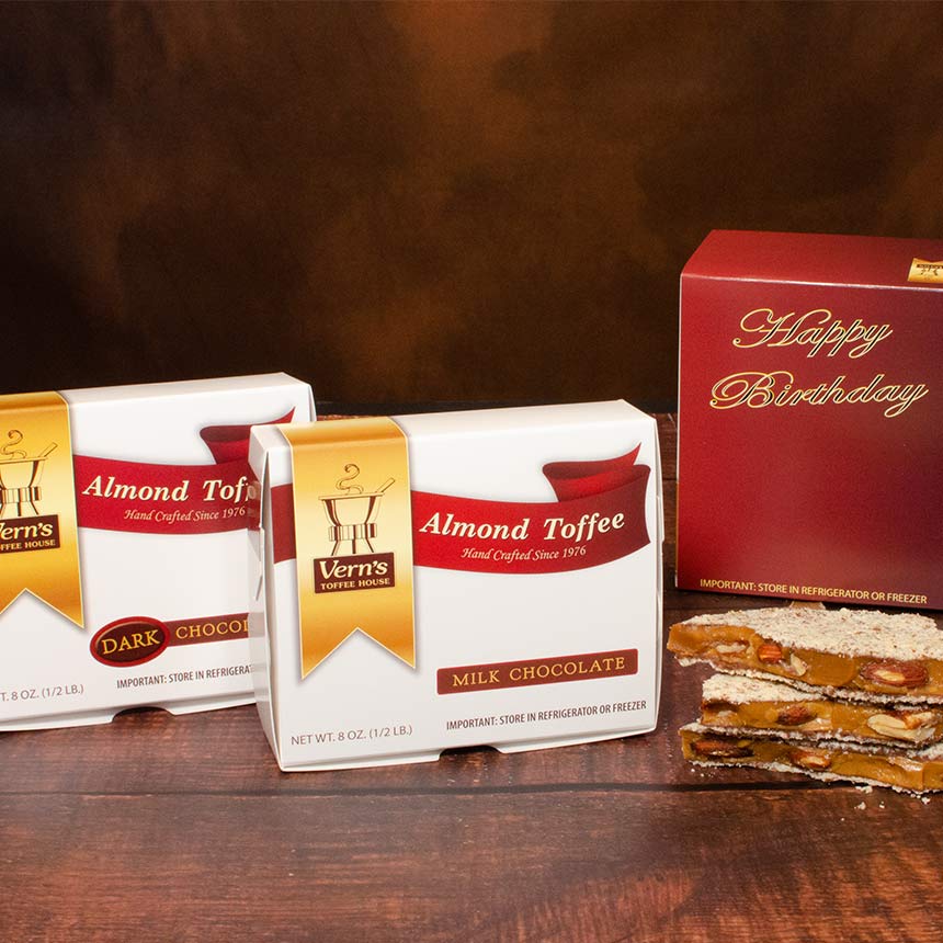 1 lb Almond Toffee Duo with Happy Birthday Band