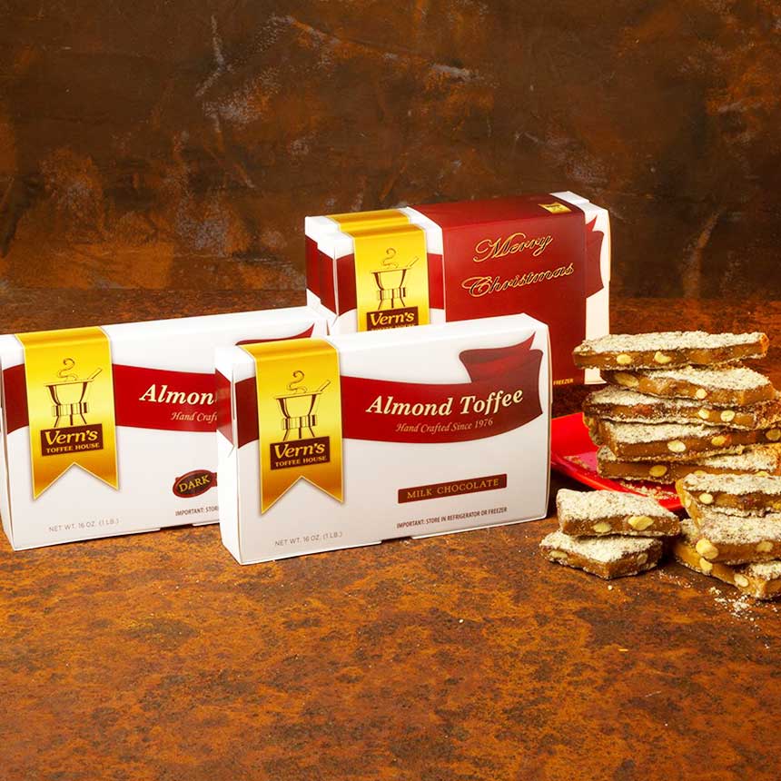 2 lb Almond Toffee Duo with Merry Christmas band