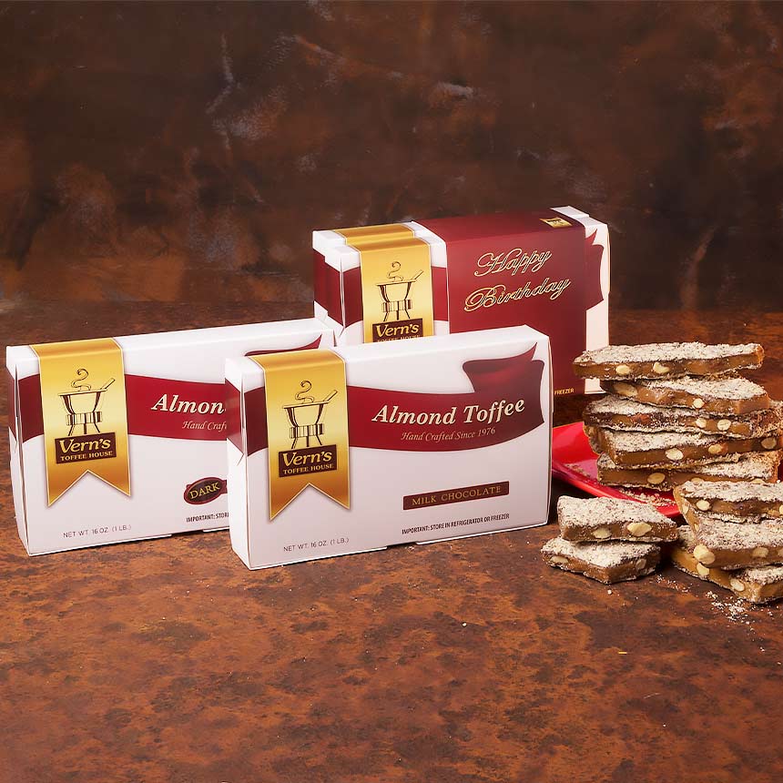 2 lb Almond Toffee Duo with Happy Birthday band